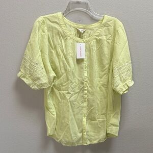 Lucky Brand Pale Lime Eyelet Sleeve Button-Front Blouse